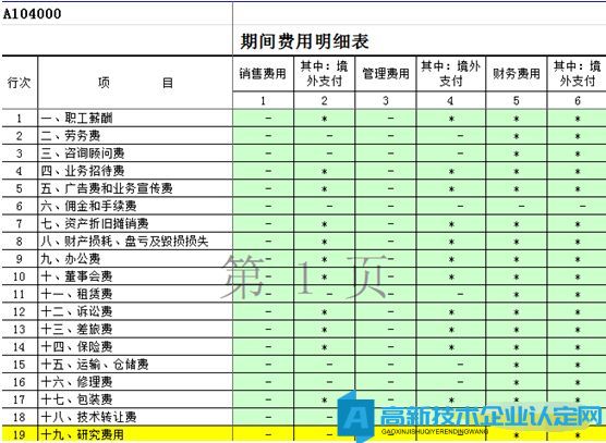 A104000《期间费用明细表》第19行“研究费用”