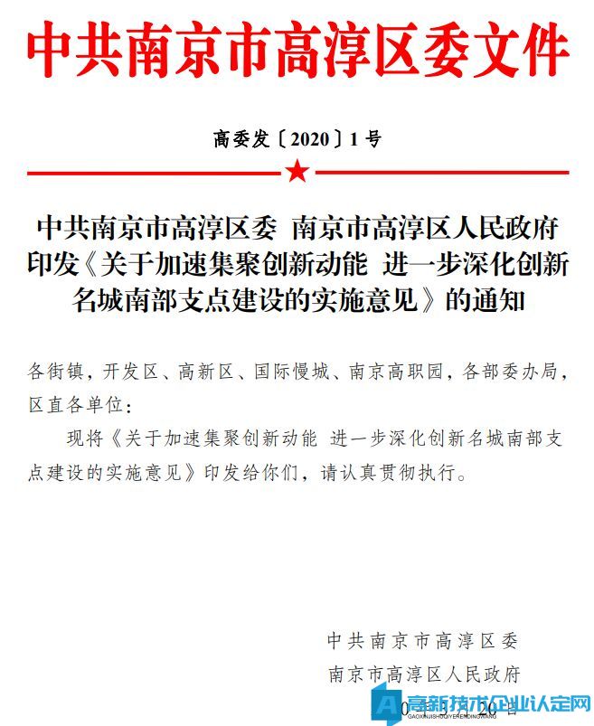 南京市高淳区高新技术企业奖励政策：关于加速集聚创新动能进一步深化创新名城南部支点建设的实施意见