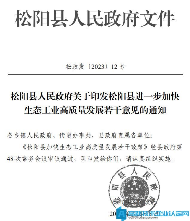 丽水市松阳县高新技术企业奖励政策：松阳县进一步加快生态工业高质量发展若干意见