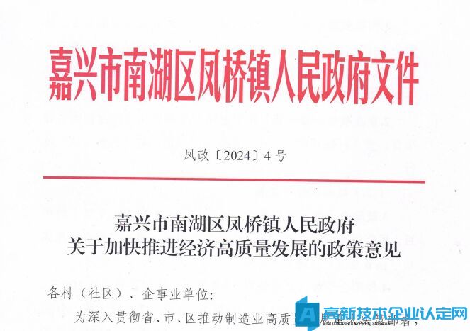 嘉兴市南湖区凤桥镇高新技术企业奖励政策：嘉兴市南湖区凤桥镇人民政府关于加快推进经济高质量发展的政策意见