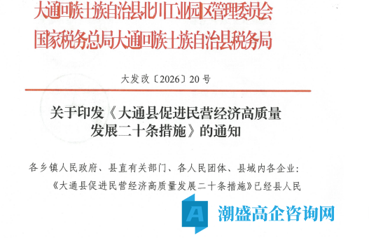 西宁市大通县高新技术企业奖励政策：大通县促进民营经济高质量发展二十条措施 